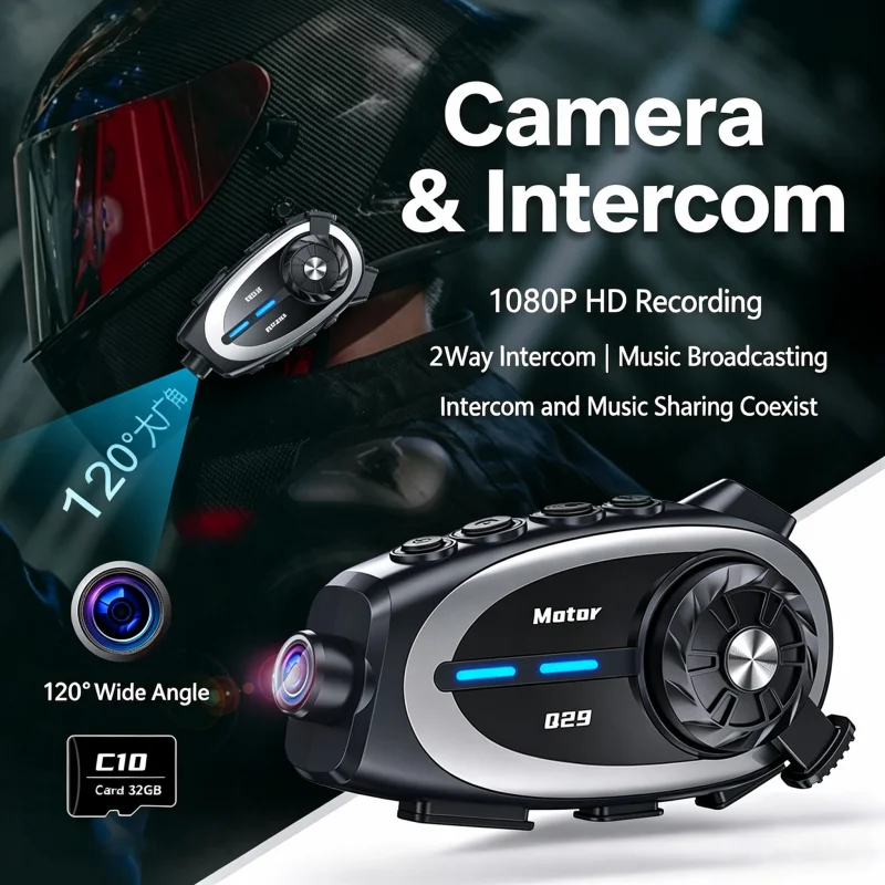 Motorcycle Helmet Bluetooth Intercom Q29 1080P HD Camera Recorder IPX6 Waterproof Noise Reduction Ultra Wide Angle Lens Wireless