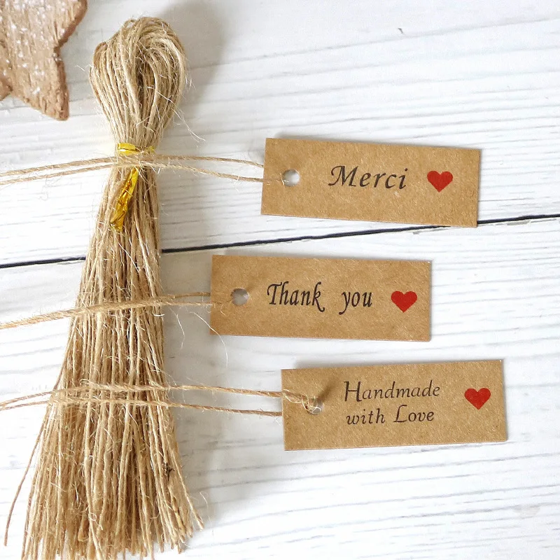 100pcs Kraft Paper Tags Handmade with Love Thank You Merci Tags Labels Wedding Birthday Christmas Party Supplies Gift Packaging