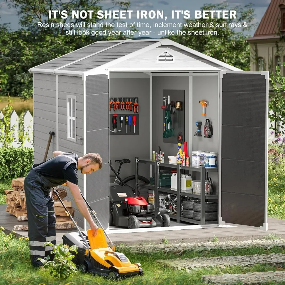 

8x6 FT Outdoor Storage Shed, Waterproof Large Outdoor Sheds with Floor & Lockable Door & Window & Vents, Plastic Tool Shed