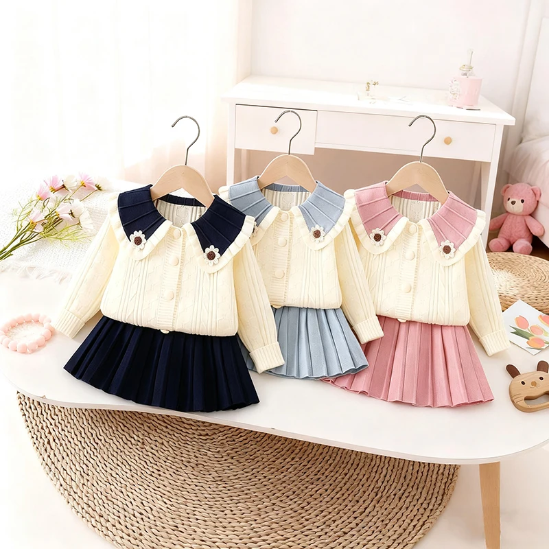 

Autumn Suit Collection Knitted Sunflower Sweet Baby Girl Long sleeved Clothes knitted sweater+Pleated Skirt Baby New Year Set
