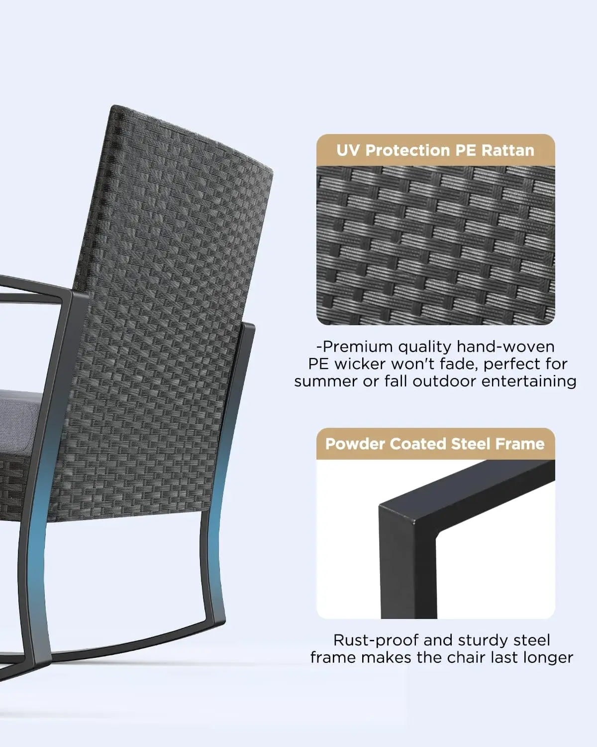 3 Pieces Patio Furniture Set Rocking Bistro Set Outdoor Rattan Conversation with Coffee Table  (Grey Cushion)