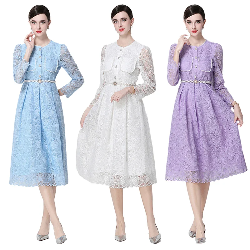 Luxury High-End Cutout Embroidery Floral Print Lace Dress Women Summer Retro Round Neck Single Breasted Comes with Lace-up Dress