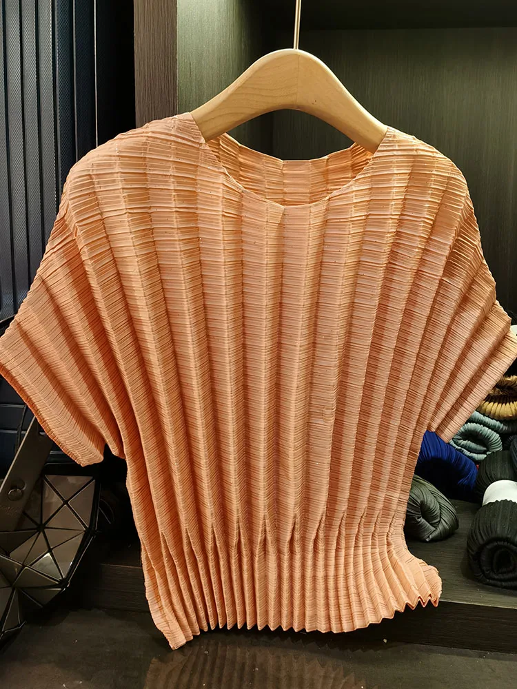 

Summer New Folded Casual Sle Vertical Pit Stripe Pure Color Loose Versatile Thin round Ne Age-Defng ort Sve Top Women