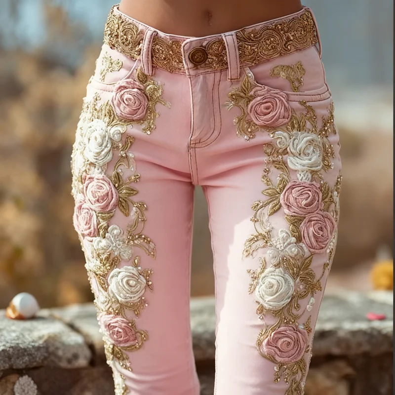 Jeans romantici con stampa floreale rosa rosa Pantaloni da donna eleganti con bottoni vintage Pantaloni chic slim a vita alta autunnali Harajuku Mujer