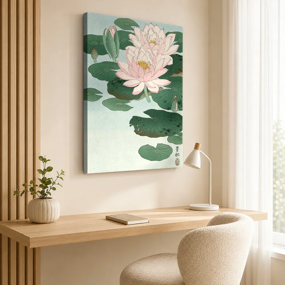 Ohara Koson Water Lily Botanical Wood Framed Canvas Poster Customized Photo Traditional Woodblock Style Wall Art For Living Room
