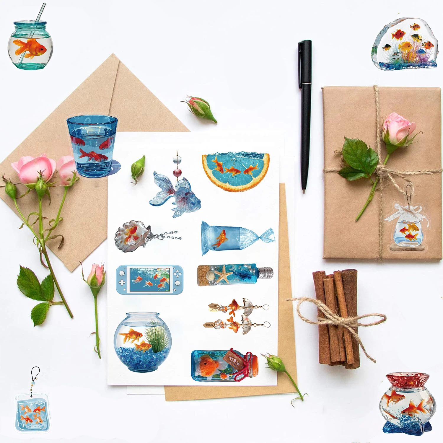 50PCS Cute Goldfish Stickers Notebook Case Handbook PET Phone Decorative Stationery Gift Waterproof Retro Cartoon Decals Sticker