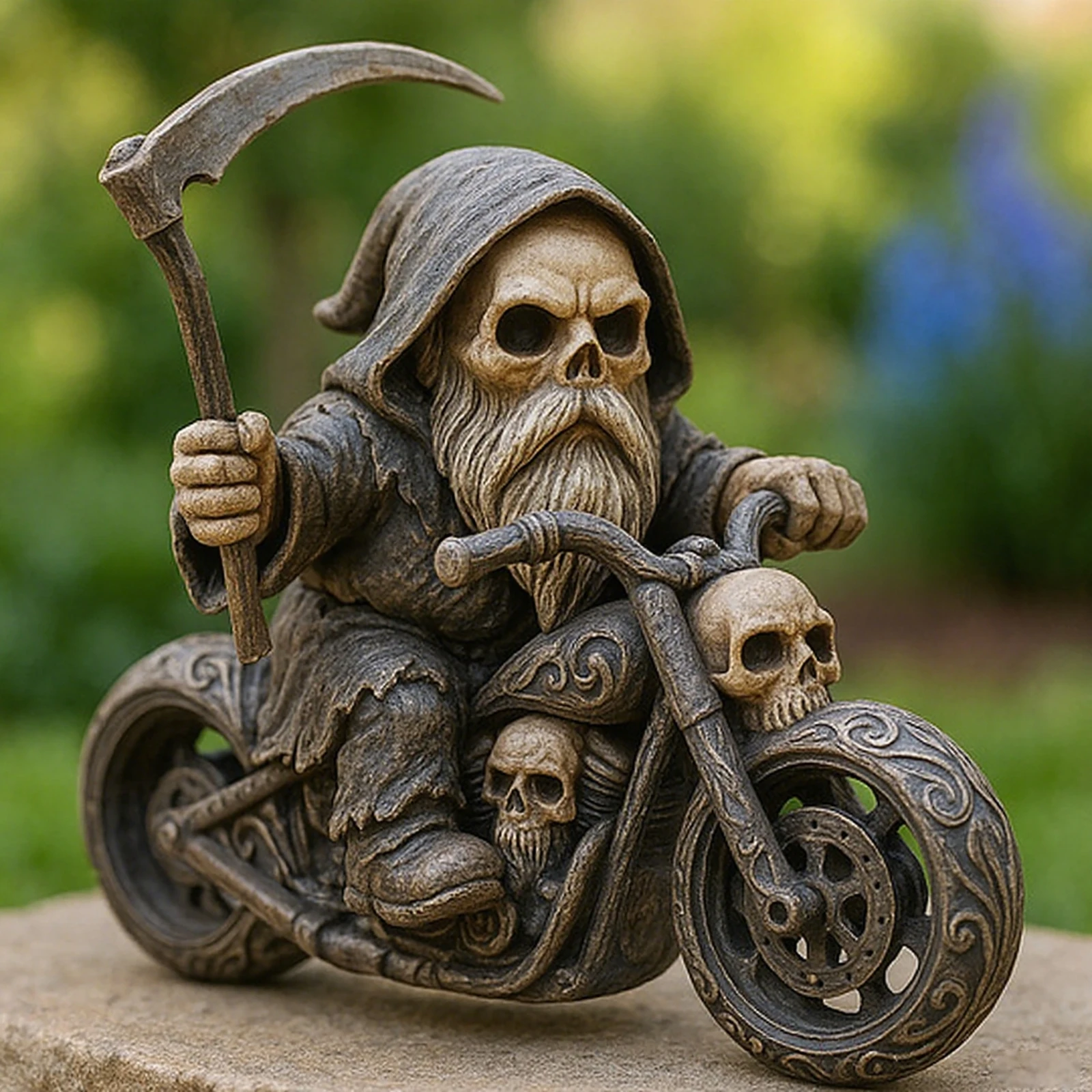 Reaper Figur Skelett Grim Motorradfahrer Harz Outdoor Skulptur Motorrad Skelett Ritter Zwerg Statue für Gartendekoration