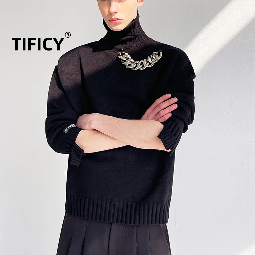 

High Street Dark Black Winter Warm Sweatder Men's High Neck Iron Chain Decoration Streetwear Casual Sweater Tops