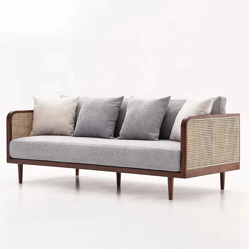 Luxury Nordic Modern Vintage Living Togosofa Room Furniture Natural Rattan Webbing Wicker Cane Ash Wood 3 Seater Sofa