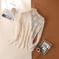 T-Shirts en maille pour femmes, chemisier en dentelle transparente, manches longues, hauts transparents pour femmes, chemise à bascule, T-Shirts transparents, haut court 4