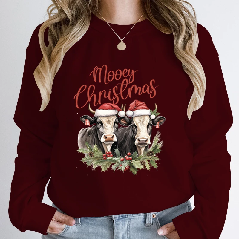 Cow Mooey Christmas Print Sweatshirts Autumn And Winter Long Sleeve Round Neck Casual Pullovers Women Loose Hoodless Sweatshirts