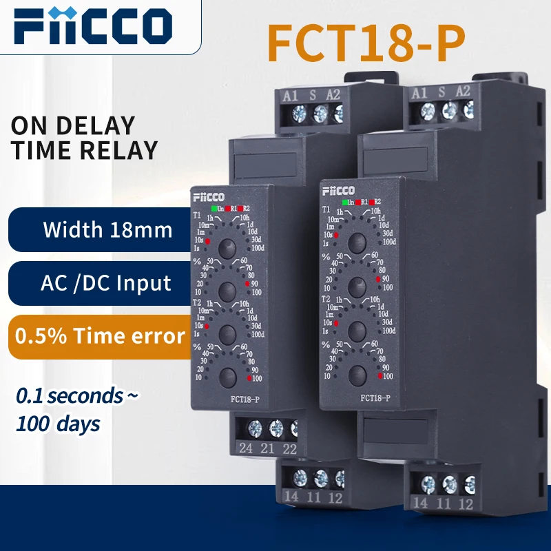 

Fiicco FCT18-P 18mm ACDC12V 24V 110V 220V Din Rail Power on-delay Timer Relay with NPN/PNP Control Signal for HVAC Control Panel