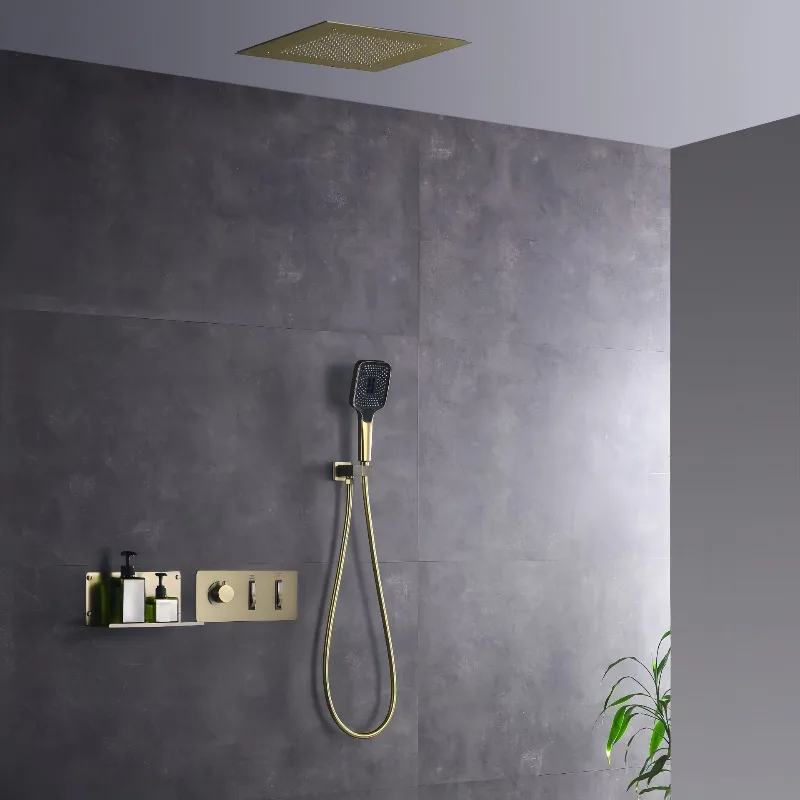 Brushed Gold Ceiling Mounted Rain Shower System Thermostatic Bathroom Faucet Set