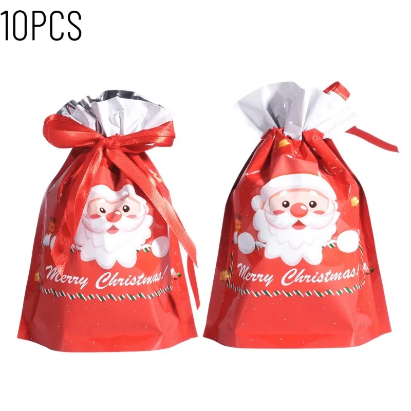 10PCS Christmas Party Gift Bag Plastic Drawstring Gift Bag Santa Printed Candy Wrapping Bag Holiday Gathering Favor Storage