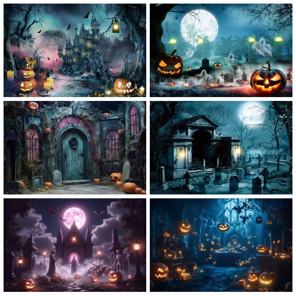 

Halloween Backdrop Horror Moon Night Castle Graveyard Witch Bat Pumpkin Scary Cemetery Skeleton Halloween Photography Background
