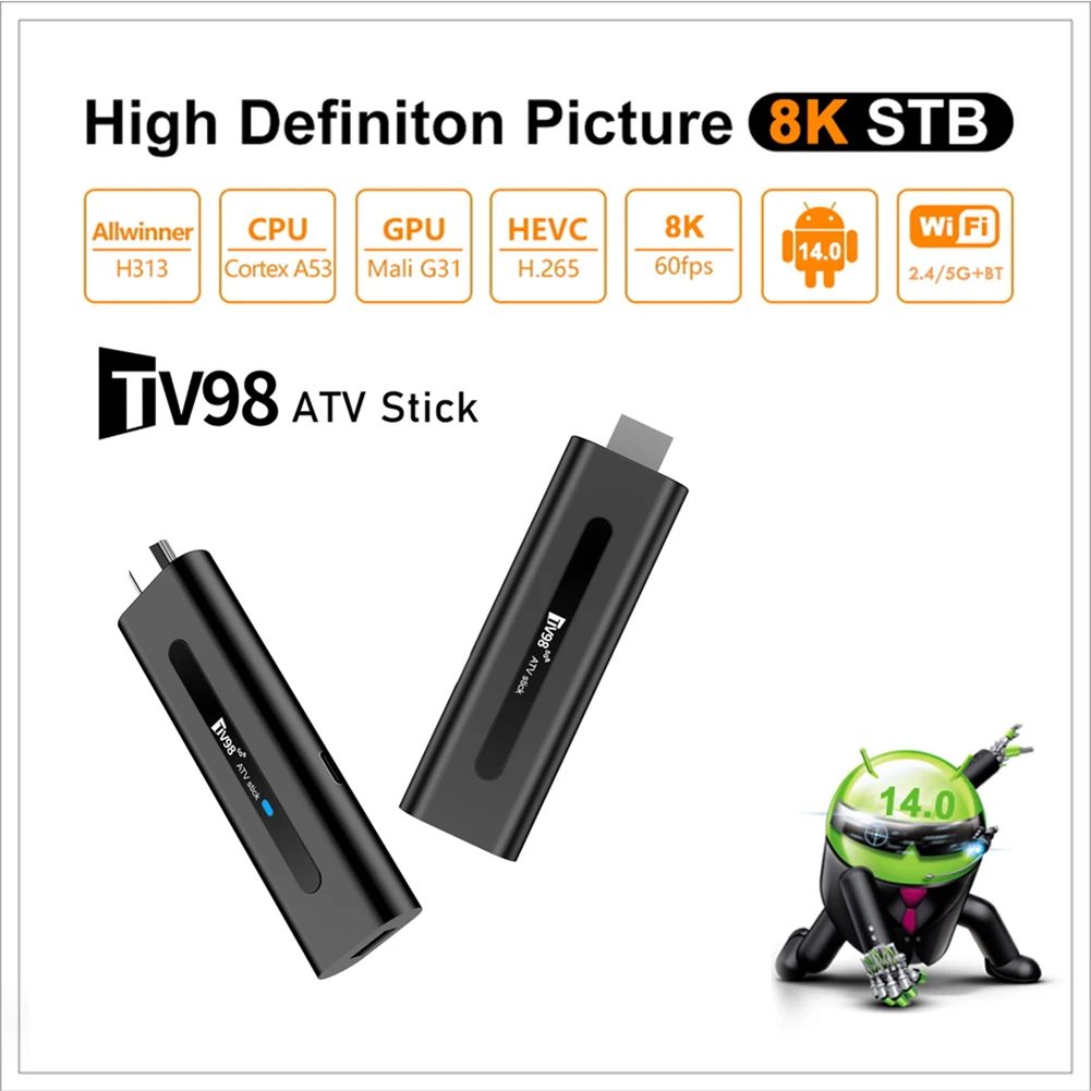 TV98 Android 14.0 TV Stick ATV Smart TV Box 8K 2.4G 5G WiFi رباعي النواة BT5.0 Android TV Stick 14.0 Smart TV Stick Allwinner H313