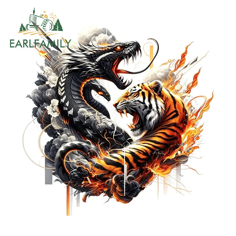 EARLFAMILY Dragon And Tiger Car Sticker Trendy Occlusion Scratch Helmet Vehicle Windshield JDM Decal Waterproof Car Styling