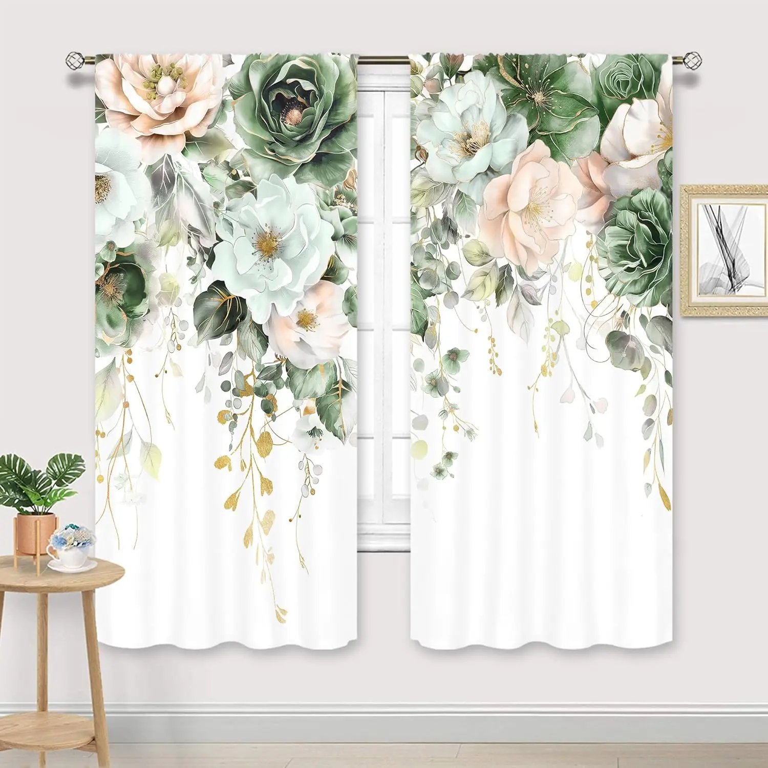 Cinbloo Green and Pink Floral Curtains Rod Pocket Watercolor Wildflower Flower Rose Botanical Eucalyptus Leaf Girls Art Printed
