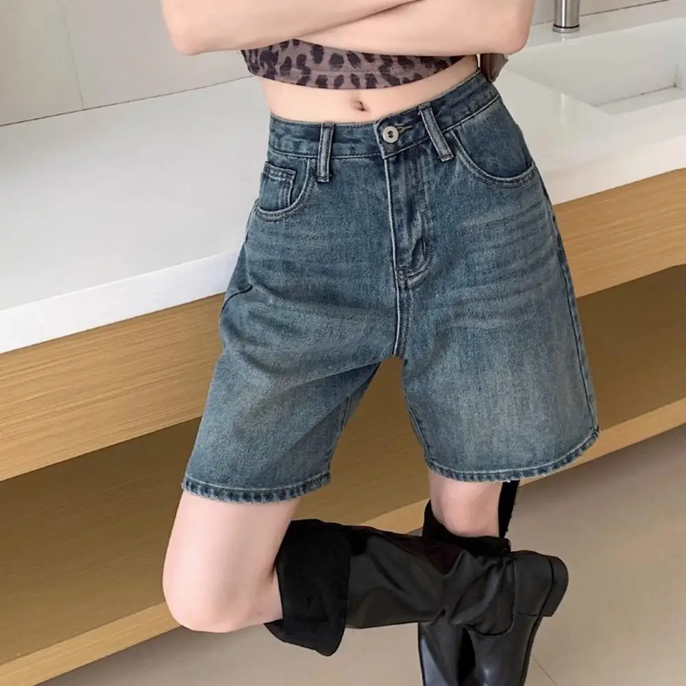 

Denim Jeans Zipper Fly Trousers Vintage High Waist Denim Shorts for Women Wide Leg Streetwear Jeans with Button Closure Zipper