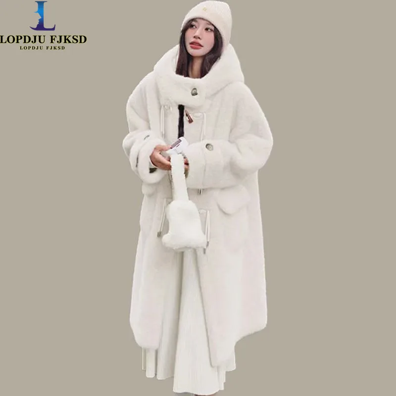 

Faux Lamb Fur Coat for Women, Horn Button, Long Jacket,Thick Warm Clothes,Hooded,Preppy Style, Autumn and Winter, 2024