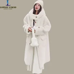 Faux Lamb Fur Coat for Women, Horn Button, Long Jacket,Thick Warm Clothes,Hooded,Preppy Style, Autumn and Winter, 2024