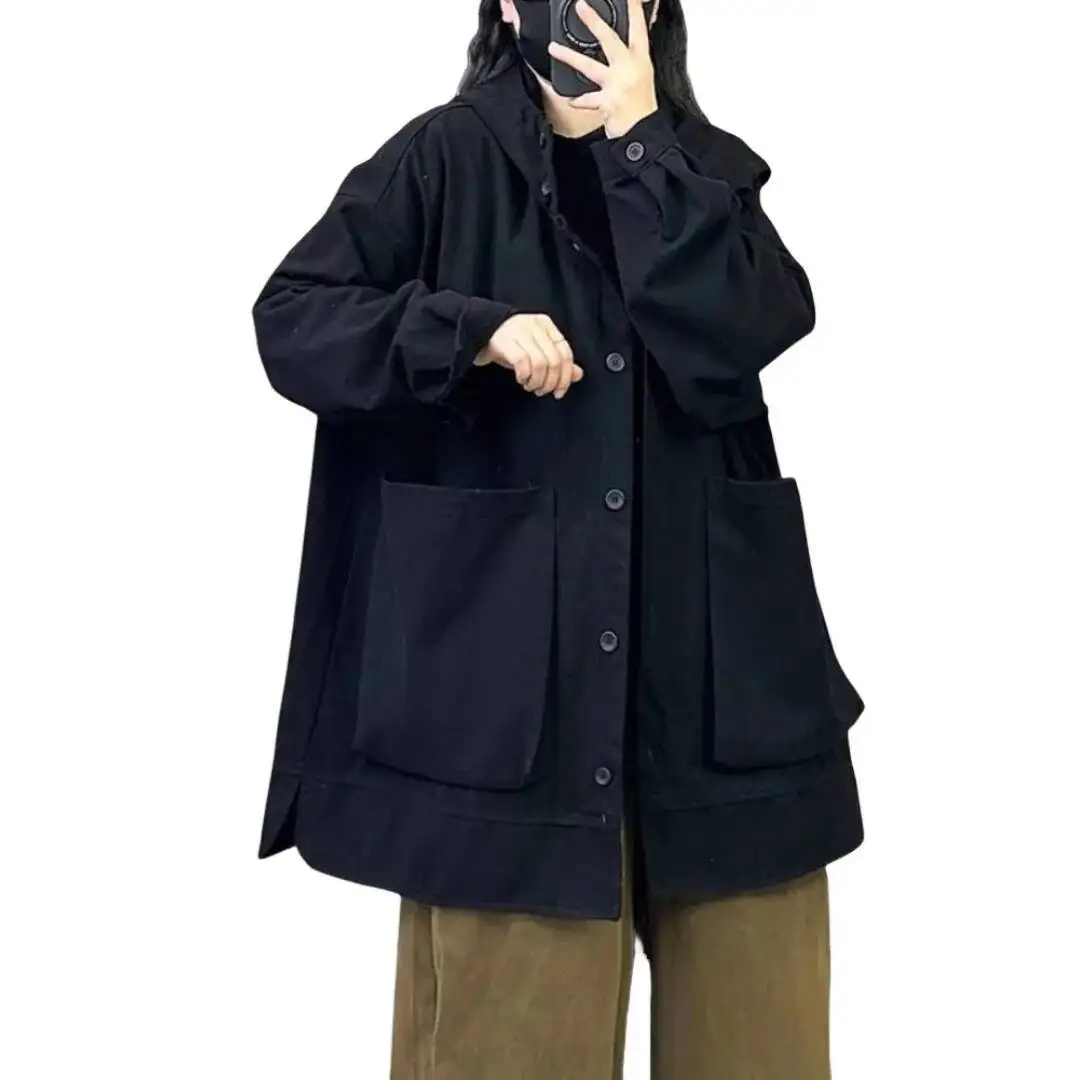 2025 Spring Women's Basic Trench Coat  Full Cotton Hooded Plus Size Petite British Workwear Outerwear