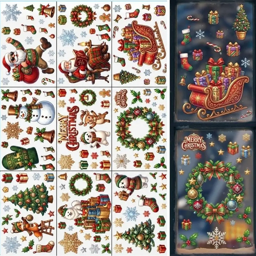 9 sheets Self-Adhesive Christmas Snowflake Window Sticker Realistic Snowflake Santa Claus Xmas Glass Decals Removable