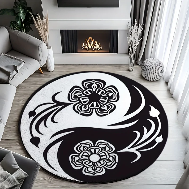 

Simple Symmetrical Black & White Floral Round Cushion – Polyester Decor Pillow for Bedroom & Living Room