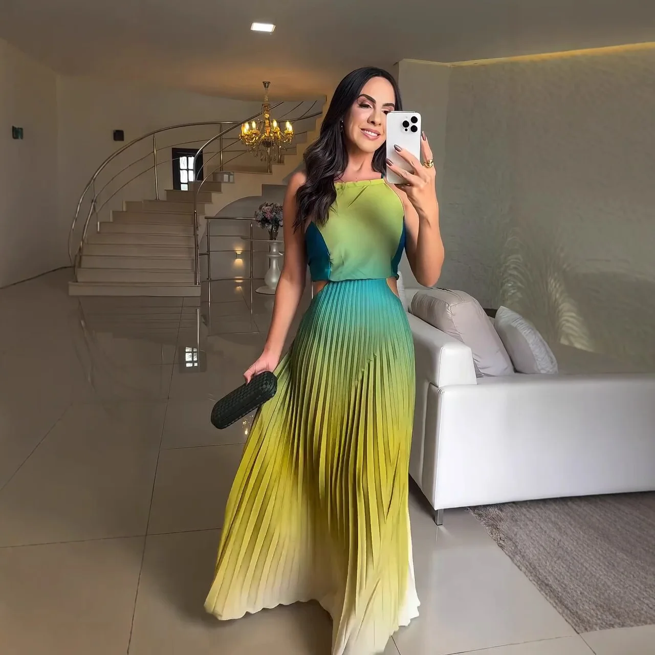 

Neck pleated gradual change color dress fashionable simple versatile temperament elegant holiday style high-end dress