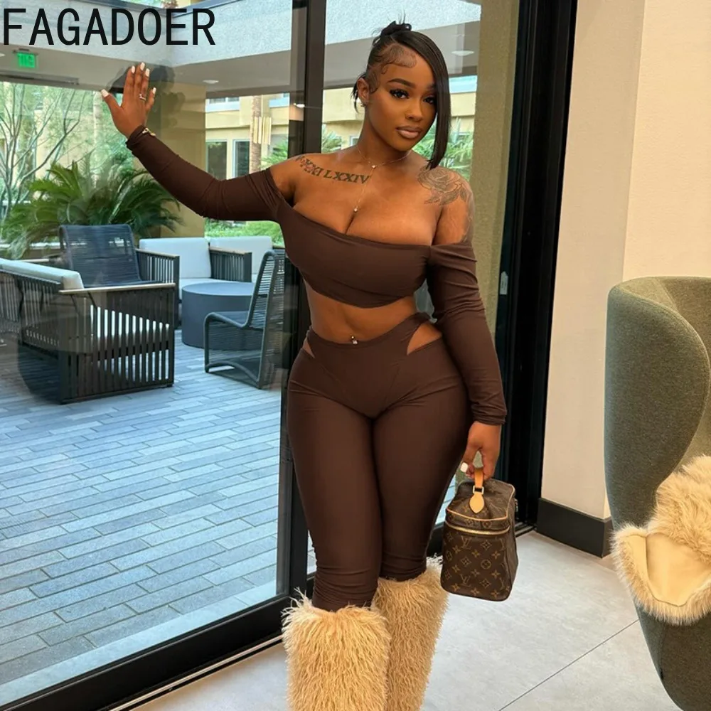 FAGADOER – ensemble 2 pièces ajouré pour femme, tenue Sexy, couleur unie, haut court + pantalon slim, Streetwear assorti