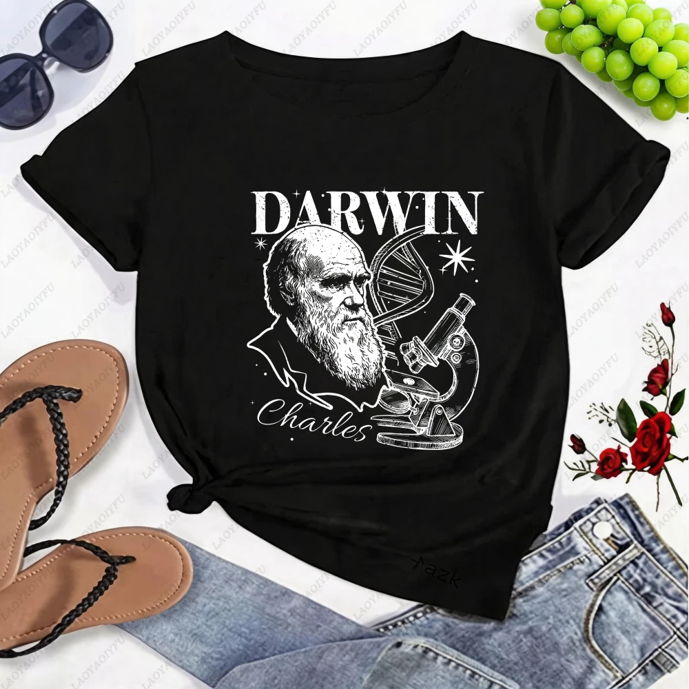 Unisex Charles Darwin Short Sleeve Tee Vintage Science Portrait DNA Microscope Retro Graphic Fashion Casual TShirts Men Clothing