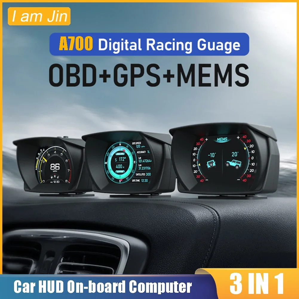 A700 Car HUD On-board Computer Three IN One Gauge Head Up Display OBD2 GPS Speedometer Intelligent Inclinometer Alarm System