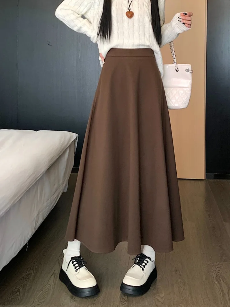 화이트 티엔드 울렌 A라인 미디 스커트 여성용 하이웨이스트 플리츠 우산 스커트 스웨터 롱 스커트 가을 겨울 패션