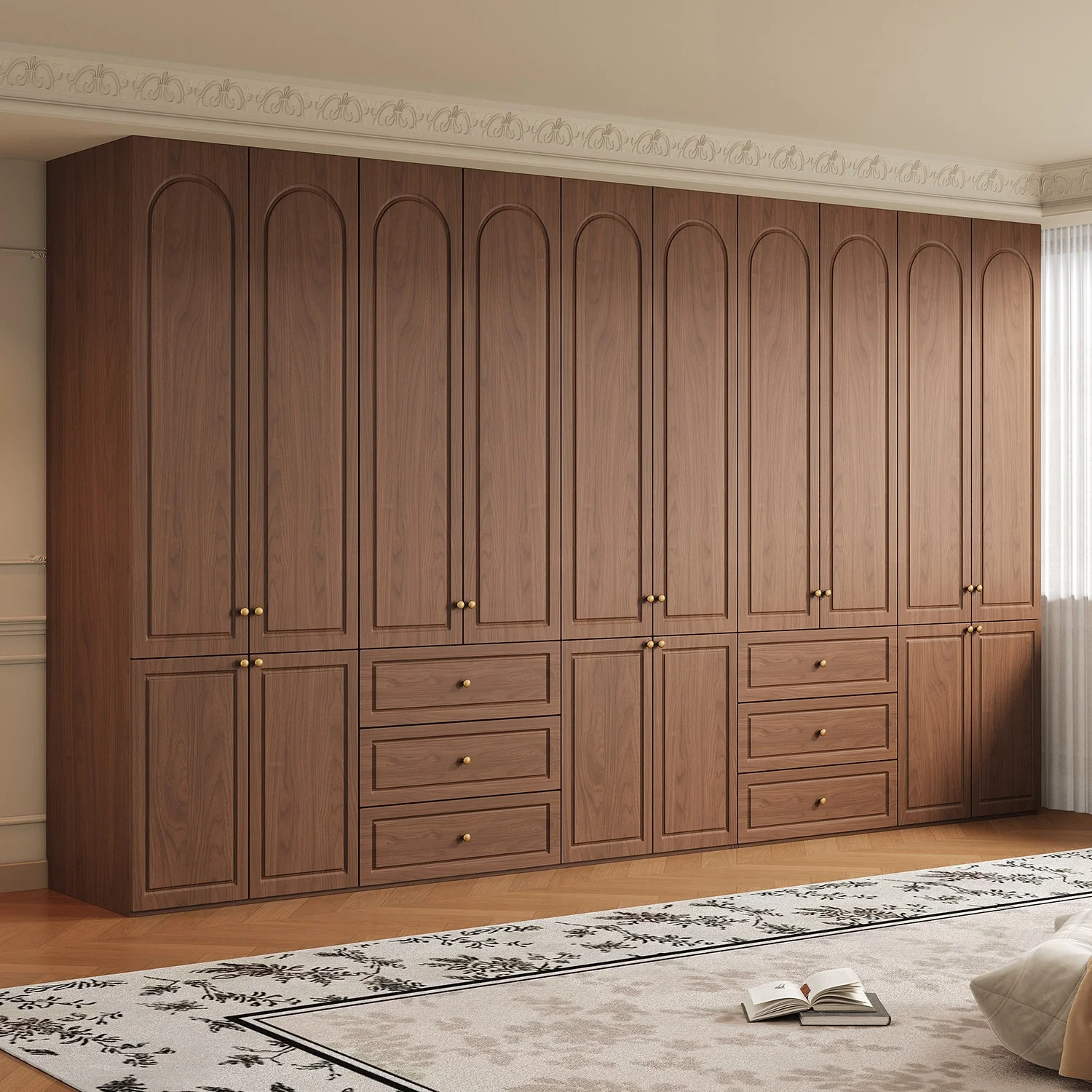 #All-solid Wood Wardrobe Oak Vintage Style New Model Home Furniture Bedroom Available 7/10-door Walnut Color Large Swing Doors