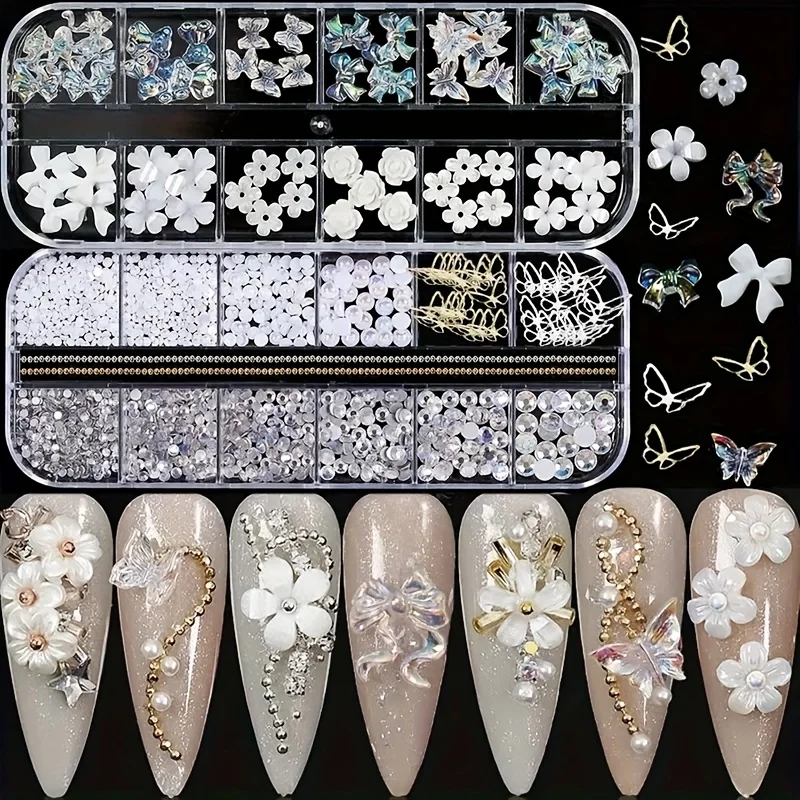 2 Boxes Aurora Butterfly Nail Art Charms Set – Mixed Design with Beads, 3D Resin Flatback Nail Decorations for DIY Manicure, Jew
