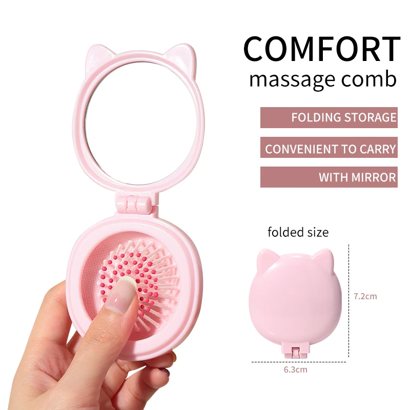 1 stück Cartoon Katze Nette Runde Falten Make-Up Spiegel Kamm Set 2-in-1 Mini Kleine Tragbare handheld Touch-up HD Eitelkeit Spiegel