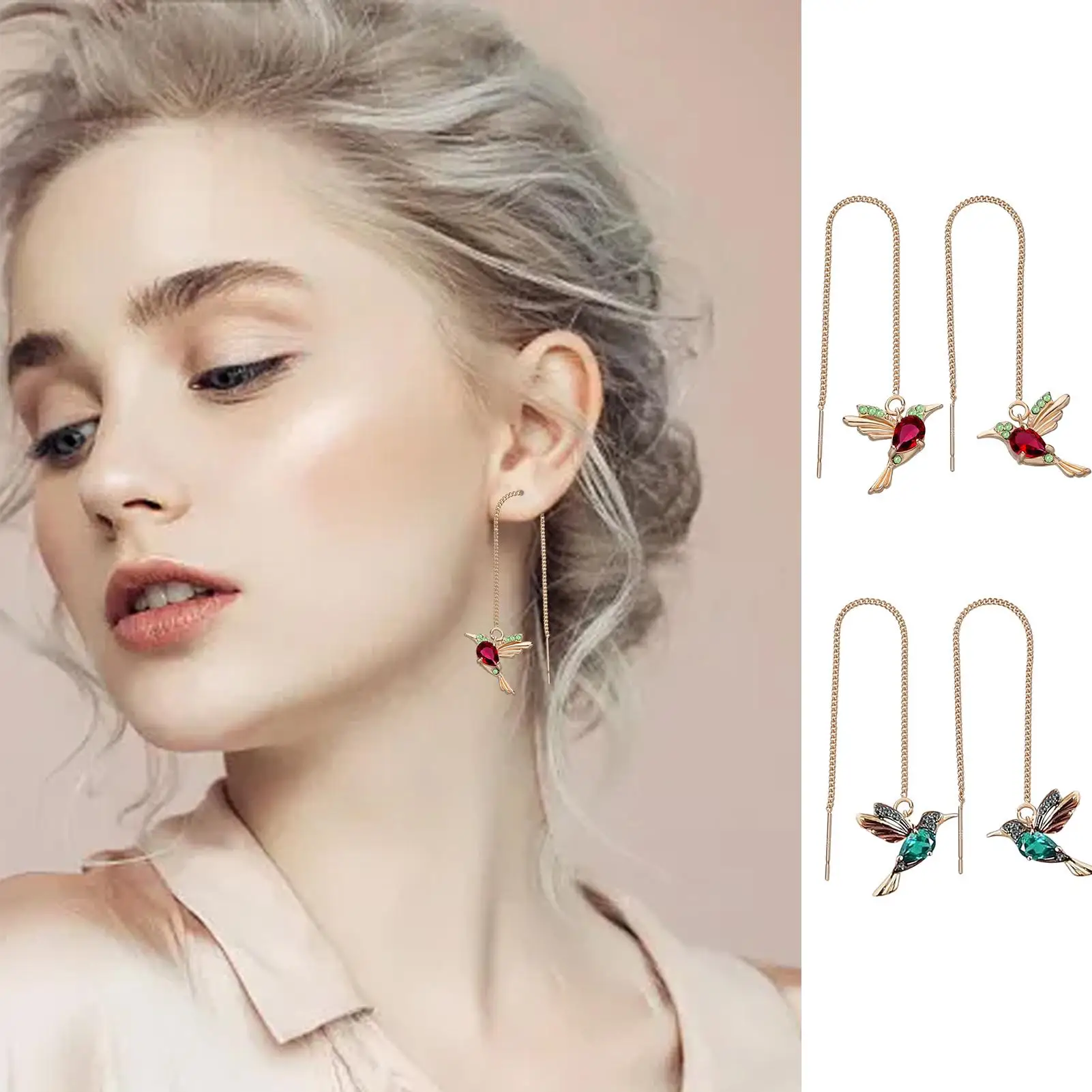 Fashion Earrings Hummingbird Pull Through Threader Earrings Pendant Necklaces Portable Light Weight Long Chain Drop Earrings
