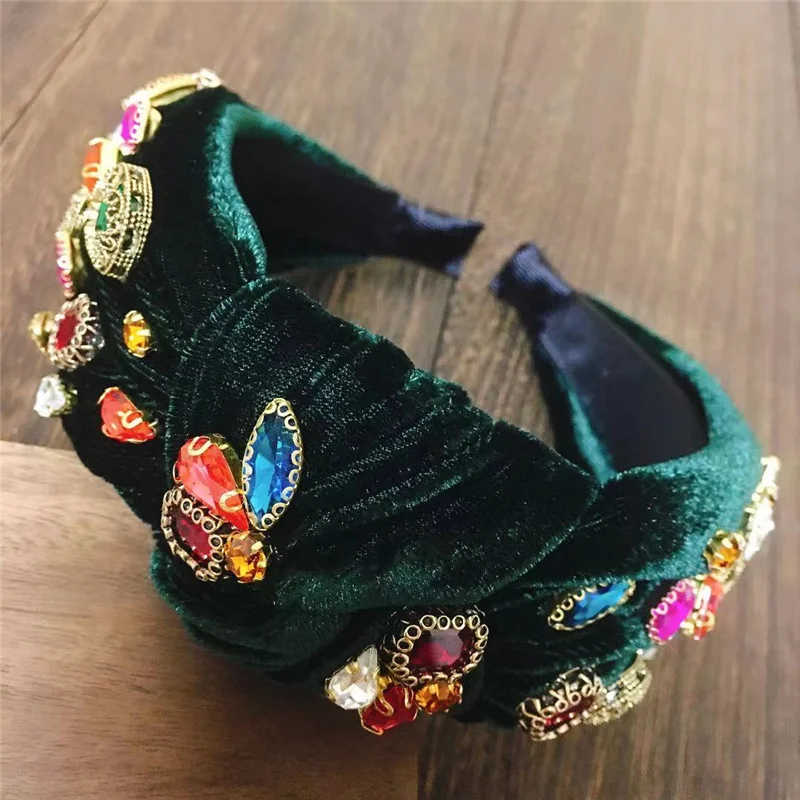 2023 New Design Handmade Retro Baroque Rhinestone Crystal Headbands For Women Velvet Knot Hairband High Quality Headwear