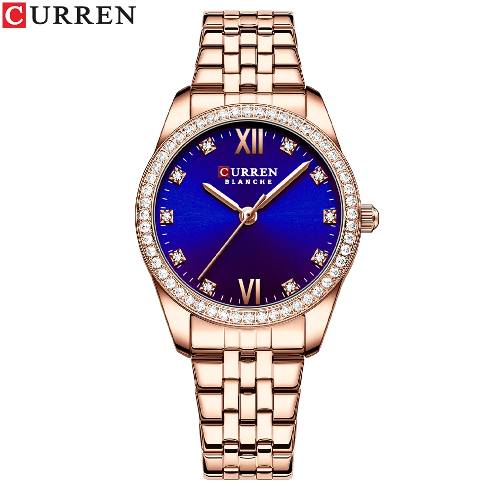 Curren klassische einfache Edelstahl Quarzuhren für Frauen Rose Zifferblatt mit Strass charmante Armbanduhren 7