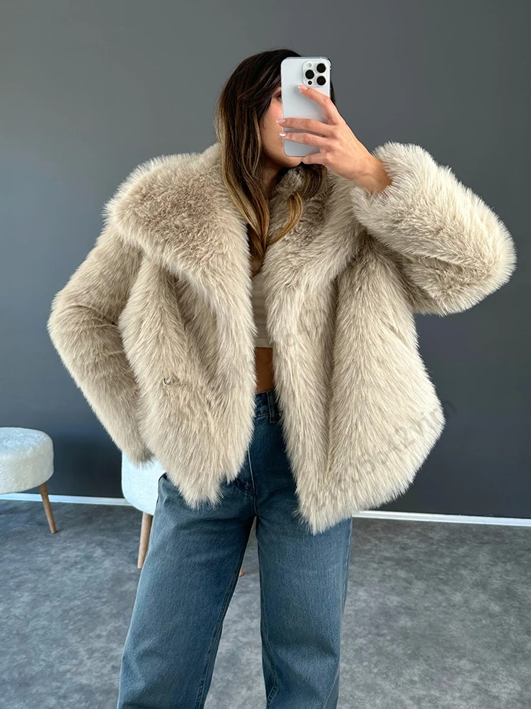 

2024 Winter Faux Fur Coat for Women Brand Fashion Fake Fox Fur Jacket Luxury Design Big Collar Chic Girls Outerwear Overcoat