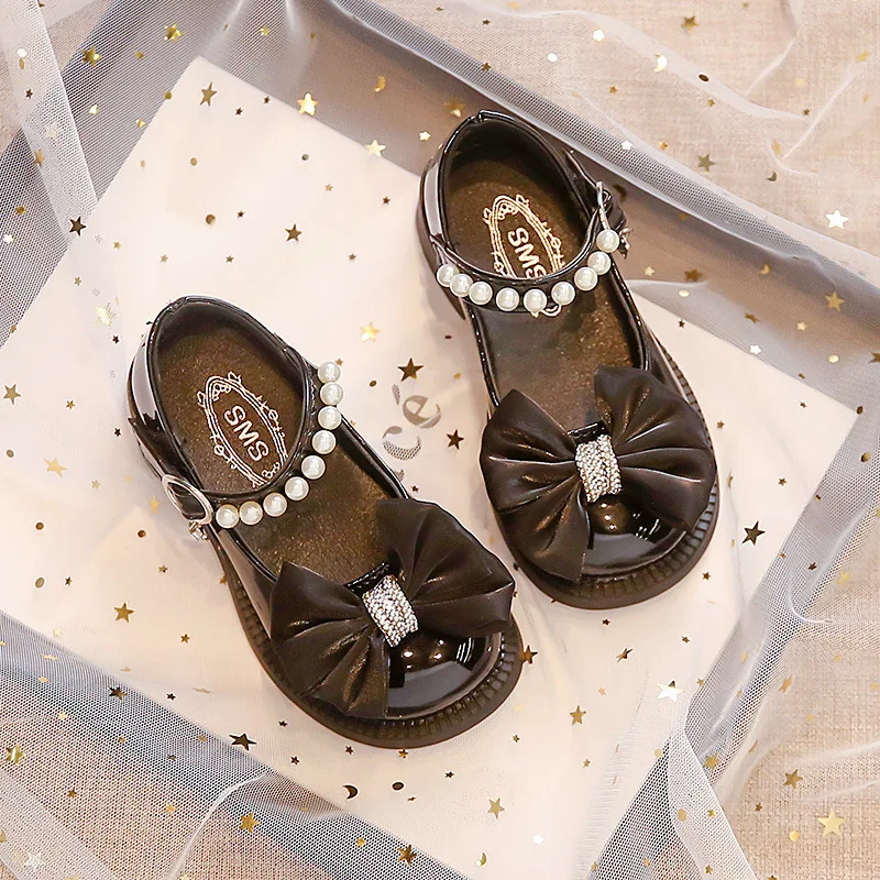 Congme 3-10Yrs Girl Leather Shoes Toddler Kids Korean Style Bow Pearl Flat Shoes Princess Shoes Dress Doll Shoes