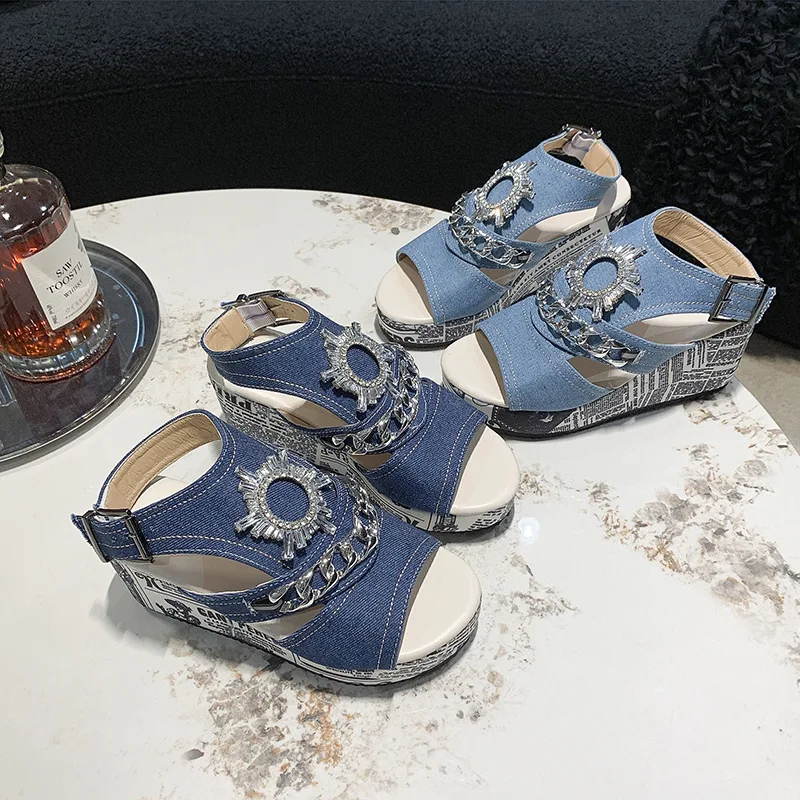 Fashion Wedges Rhinestone Design Slippers Shoes Women New Summer Flat Women Blue Slope Heel Slippers Ladies Denim Beach Sandal