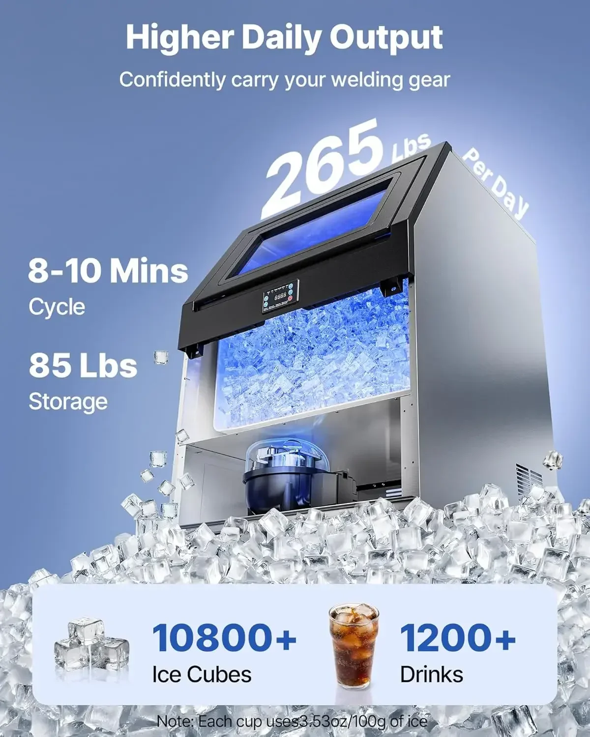 Commercial Ice Maker Machine, 265 lbs/24h with 85 lbs Storage Capacity, Built-in/Freestanding/Under Counter, Stainless Steel Ice