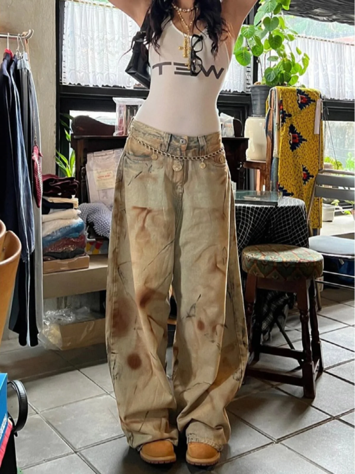 

Американские джинсы Aalyptic в стиле тай-дай для женщин больших размеров, прямые брюки с высокой талией, длинные, с эффектом потертости