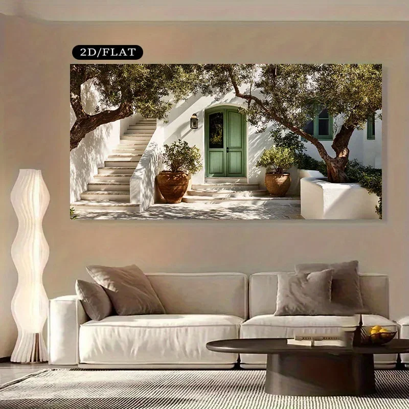 Extra Large Mediterranean Poster,Greek Island House Beige,White,Green,Brown,Modern Minimalist Canvas Printing Living Room Decor