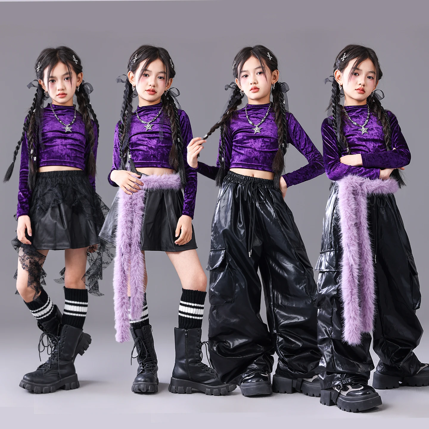 

Girls Groups Jazz Dance Clothes Purple Outfits Hip Hop Dance Costumes Top Pants Skirt Street Dance Catwalk Show Wear DQL12291