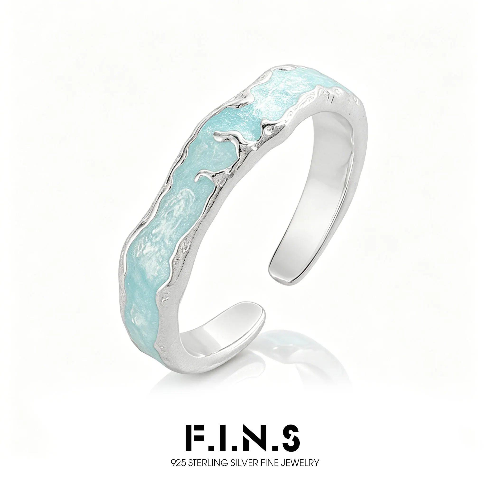F.I.N.S Original INS Design S925 Sterling Silver Ring Textured Light Blue Drip Glaze Irregular Open Adjustable Finger Fine Jewel
