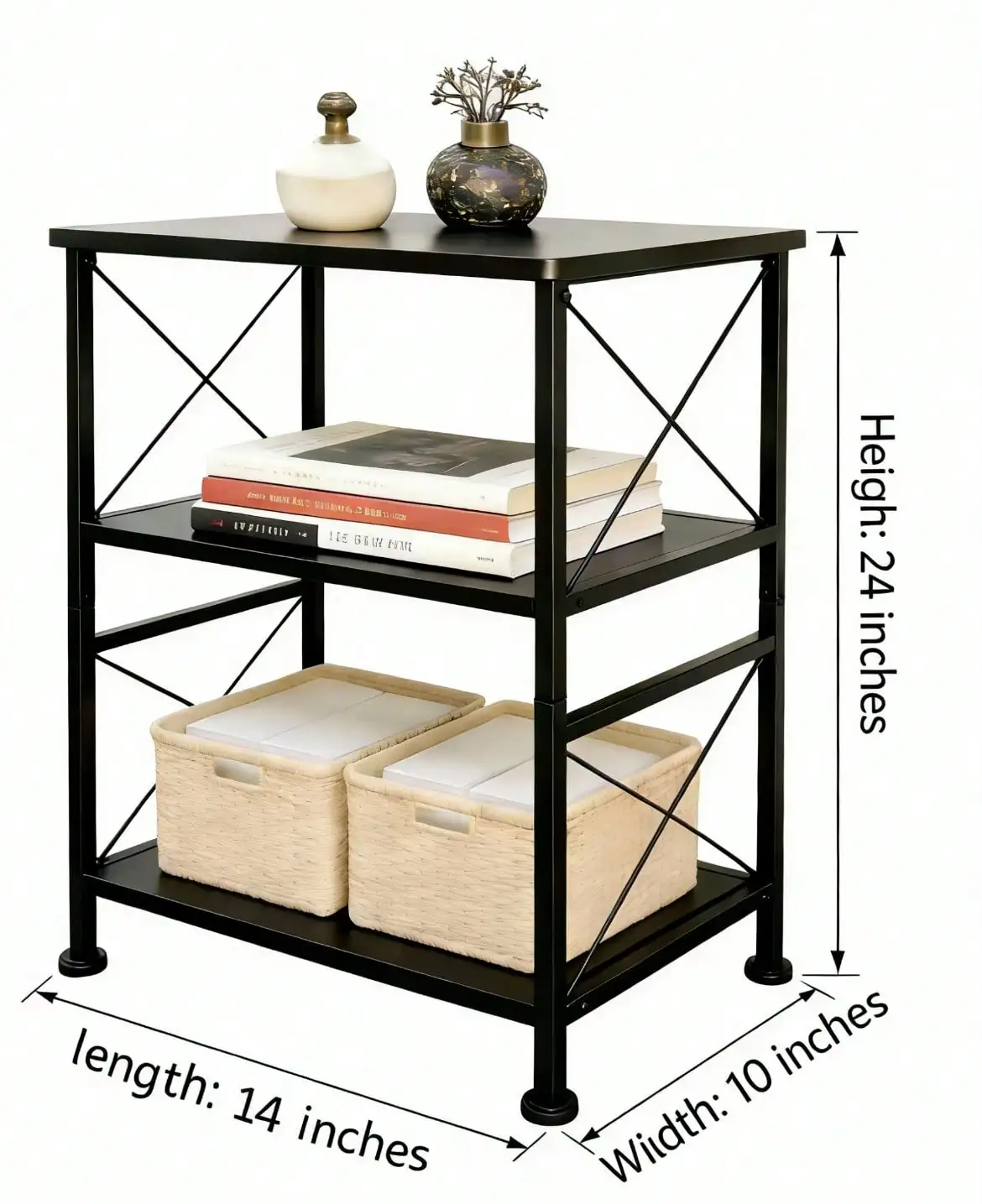 Sleek 3-Tier Black Storage Shelf With Industrial X-Frame Fits Books, Decor, And Rattan Baskets