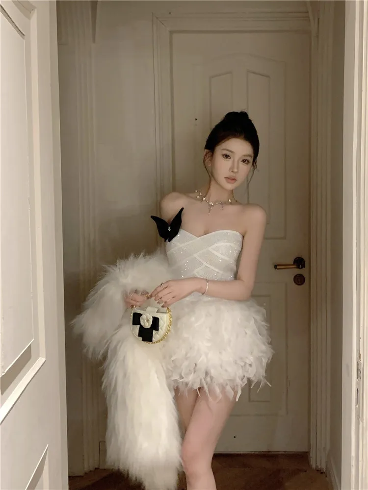 Zoete Boog Glitter Diamant Zwart Wit Mini Jurk Vrouwen 2023 Nieuwe Sexy Ballet Veren Jurk Strapless Korte Verjaardagsfeestje Jurk