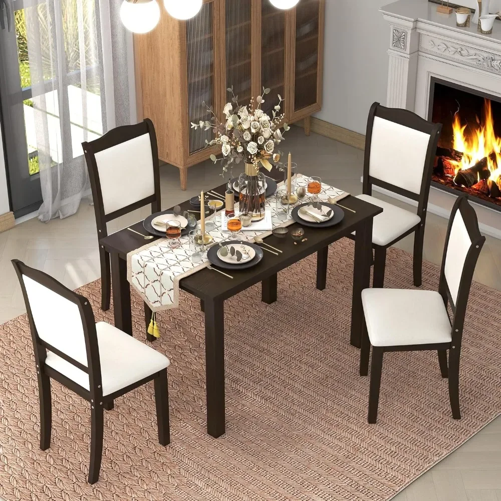

5-Piece Dining Table Set, Solid Wood Kitchen Table Set with Rectangular Table and 4 Upholstered Chairs